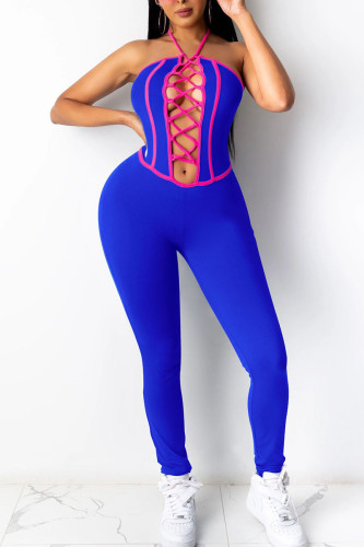 Royal Blue Sexy Solid Hollowed Out Split Joint Frenulum Halter Skinny Jumpsuits