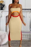 Apricot Casual Print Hollowed Out Split Joint Spaghetti Strap Pencil Skirt Dresses