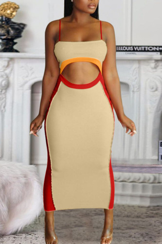 Apricot Casual Print Hollowed Out Split Joint Spaghetti Strap Pencil Skirt Dresses