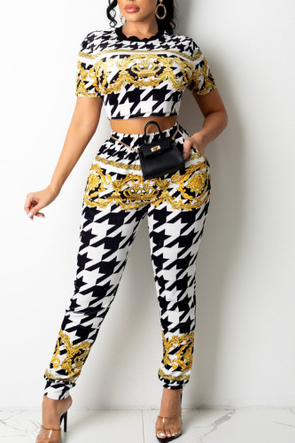 Black Casual Print Split Joint O Neck Short Sleeve Two Pieces