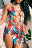 Yellow Sexy Print Hollowed Out V Neck Pencil Skirt Dresses