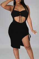 Black Sexy Solid Hollowed Out Split Joint Frenulum Asymmetrical Halter Pencil Skirt Dresses