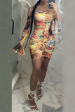 Gold Sexy Print Split Joint Off the Shoulder Pencil Skirt Dresses