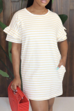 Light Blue Casual Striped Split Joint O Neck Straight Dresses