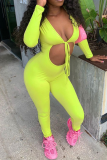 Red Sexy Solid Hollowed Out V Neck Skinny Jumpsuits