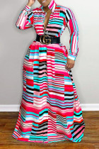 Red British Style Striped Print Split Joint Turndown Collar Shirt Dress Dresses