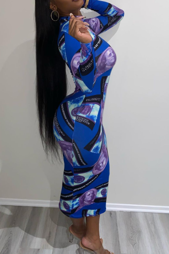 Blue Sexy Print Split Joint Half A Turtleneck Pencil Skirt Dresses