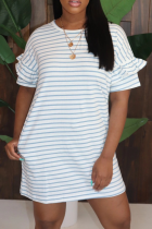 Light Blue Casual Striped Split Joint O Neck Straight Dresses