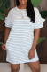Light Blue Casual Striped Split Joint O Neck Straight Dresses