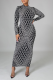 Black And White Sexy Print Split Joint Zipper Collar Pencil Skirt Dresses