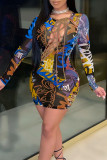 Brown Sexy Print Bandage Hollowed Out Split Joint O Neck Pencil Skirt Dresses