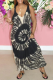 Black Sexy Print Split Joint V Neck Straight Dresses