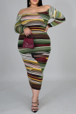 Green Sexy Striped Split Joint Square Collar Pencil Skirt Plus Size Dresses