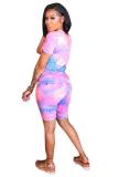 Polyester Fashion Active adult Patchwork Print asymmetrical contrast color Two Piece Suits pencil Short Sleeve Two-Piece Short Set