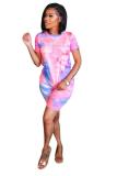 Polyester Fashion Active adult Patchwork Print asymmetrical contrast color Two Piece Suits pencil Short Sleeve Two-Piece Short Set