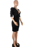 Polyester Casual adult Sexy Ma'am Fashion Heap sleeves Short Sleeves V Neck Step Skirt Knee-Length S