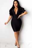 Polyester Casual adult Sexy Ma'am Fashion Heap sleeves Short Sleeves V Neck Step Skirt Knee-Length S