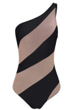 Black Polyester Mesh Solid backless Patchwork adult Sexy Fashion  One-Piece Swimwear