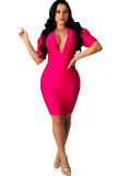 Polyester Casual adult Sexy Ma'am Fashion Heap sleeves Short Sleeves V Neck Step Skirt Knee-Length S