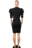 Polyester Casual adult Sexy Ma'am Fashion Heap sleeves Short Sleeves V Neck Step Skirt Knee-Length S
