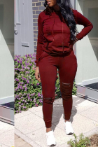 Casual Hooded Collar Broken Holes Wine Red Blending Two-piece Pants Set