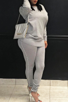 Casual Round Neck Pearl Decoration Grey Blending Two-Piece Pants Set