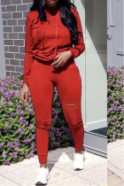 Casual Hooded Collar Broken Holes Red Blending Two-piece Pants Set