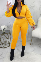 Vintage Puffed Sleeves Yellow Two-piece Pants Set