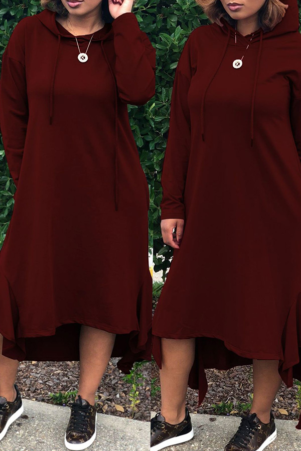 

Casual Hooded Collar Wine Red Cotton Mid Calf Dress