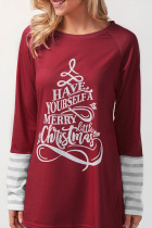 Casual Long Sleeves Patchwork Wine Red T-shirt