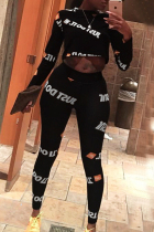 Casual Letters Printed Black Two-piece Pants Set