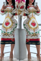 Casual Printed White Knee Length Dress
