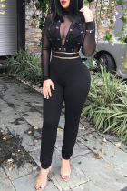 Sexy Lace-up Gauze Black Twilled Satin One-piece Jumpsuit
