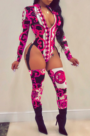 Sexy Long Sleeves Printed Rose Red One-piece Jumpsuit