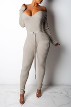Casual Long Sleeves Beige Knitting Skinny One-piece Jumpsuit