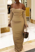 Elegant Dew Shoulder Khaki Floor Length Dress