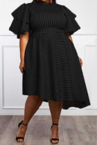 Casual Flounce Design Loose Black Knee Length Dress