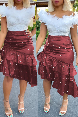 Sweet Flounce Design Purplish Red  PU Skirts