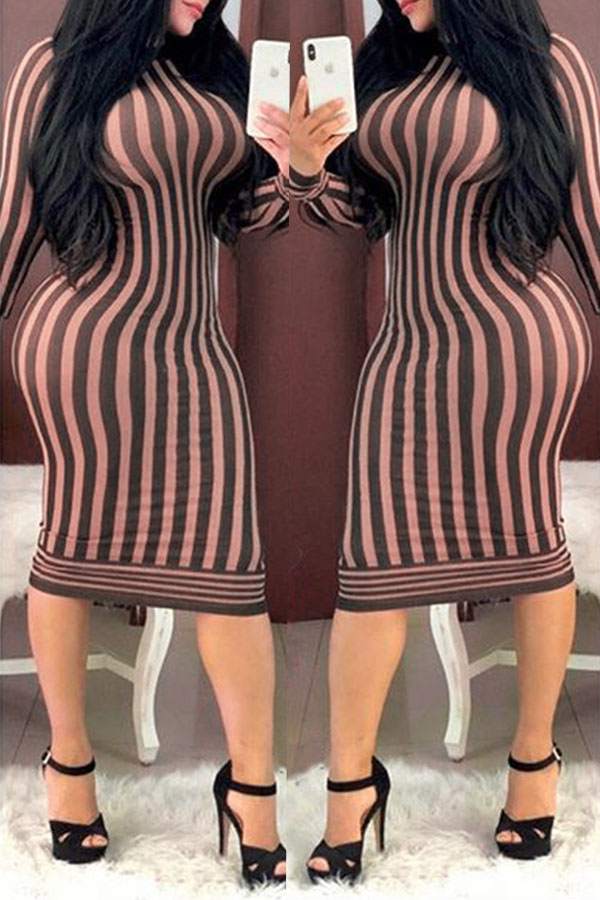 

Trendy Striped Coffee Knitting Knee Length Dress