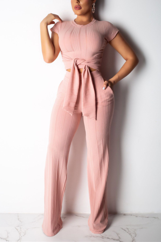 

Fashion Casual Crop Short Sleeve Pink Two-piece Set