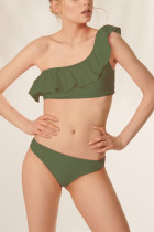 Sexy Single Shoulder Ruffles Collar Green Swimwear