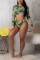 Two Pieces Of Fashionable Printed Green Swimsuit With Headscarf