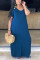 Casual Pockets Design Blue Blending Floor Length Dress