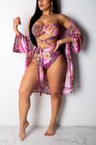 Sexy Printed Rose Pink Polyester Swimwears(With Cover-up)