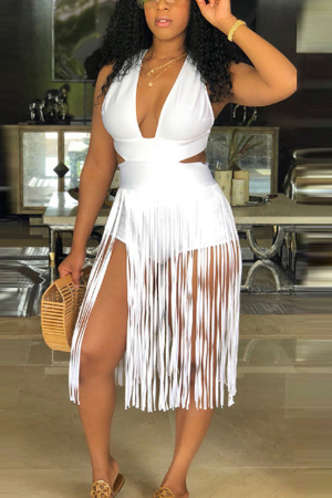 Sexy Wrapped Breast Tassel White Straight Dress