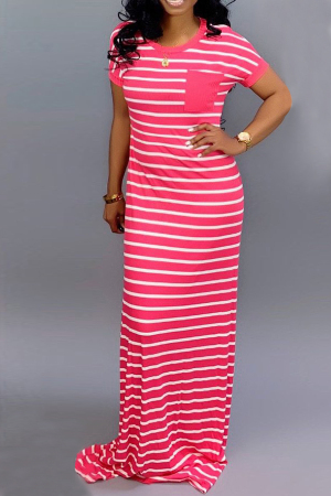 Sexy Lovely Striped Short Sleeve Rose Red Dress