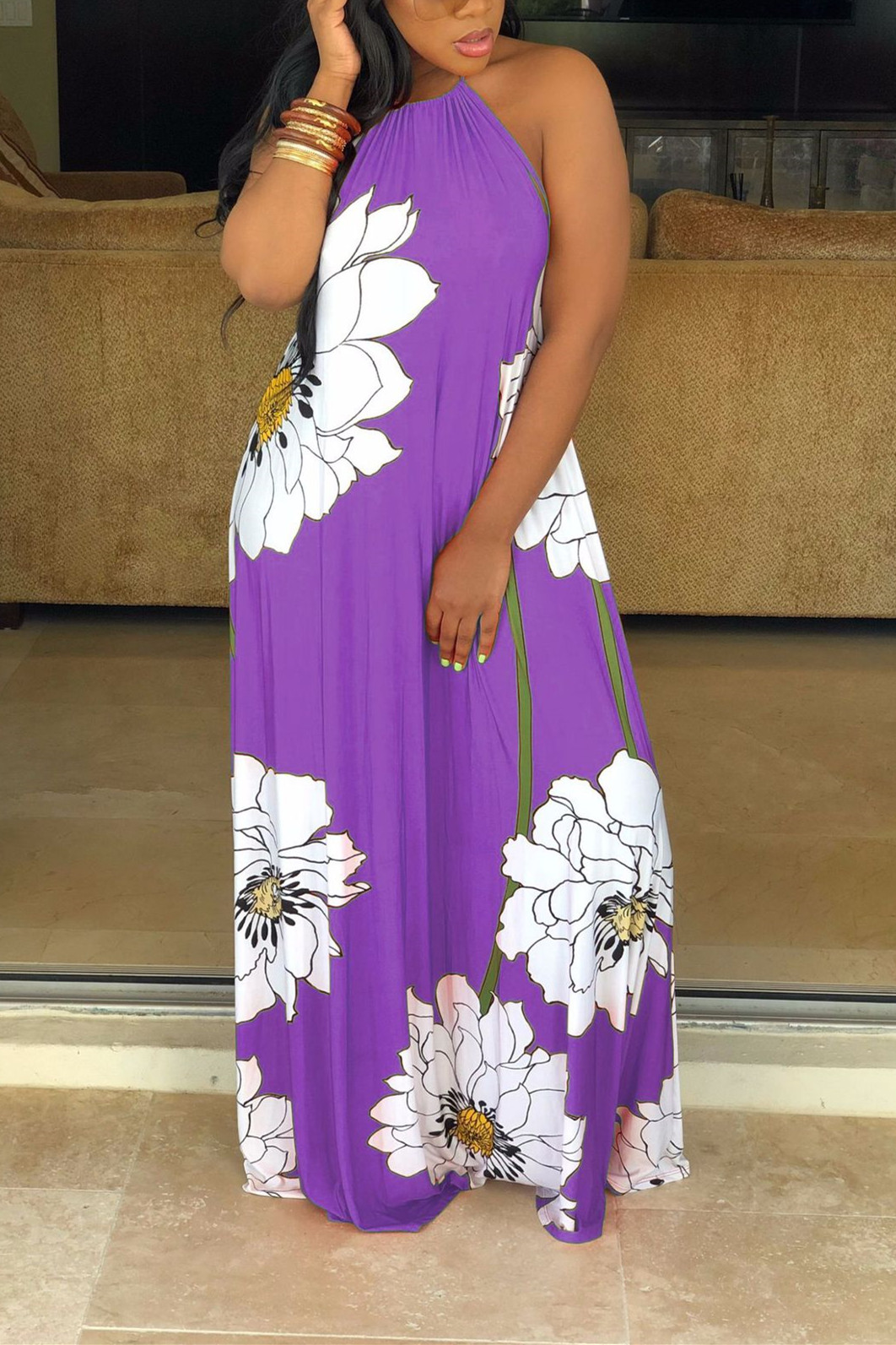 

Sexy Light Purple Off Shoulder Lotus Leaf Print Dress