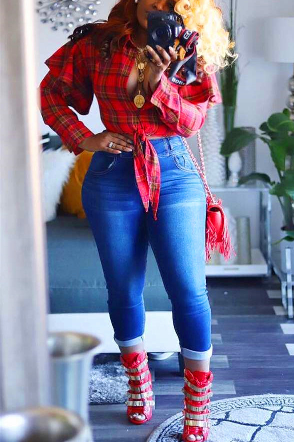 

Fashion Red Plaid Frill Long Sleeve T-shirt