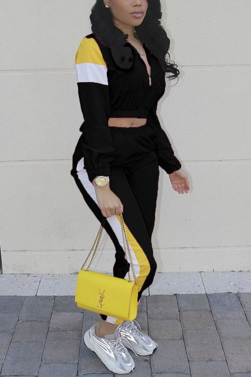 

Patchwork Black Cotton Blends Two-piece Pants Set
