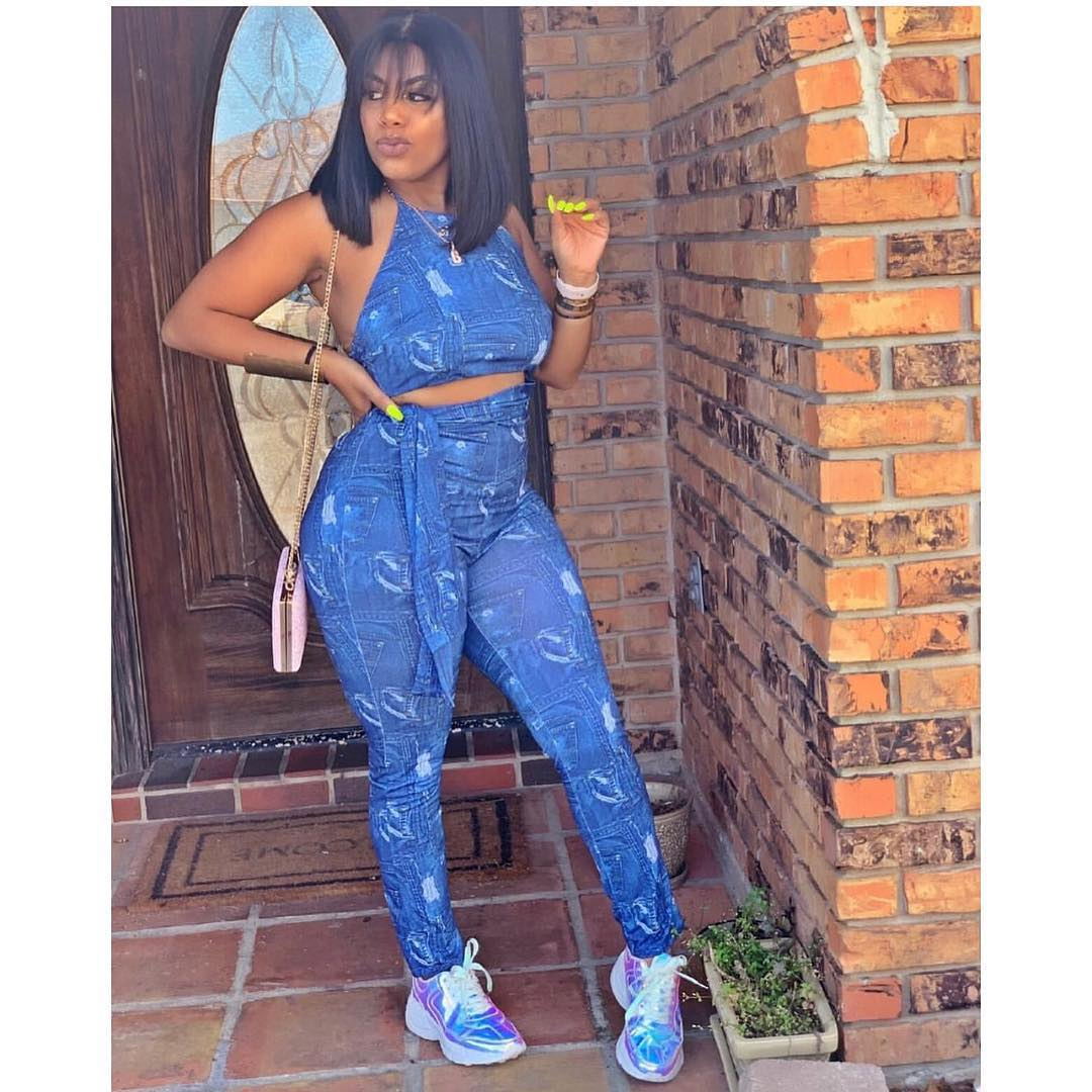 Sexy Backless Halter Denim Printed Blue Jumpsuit